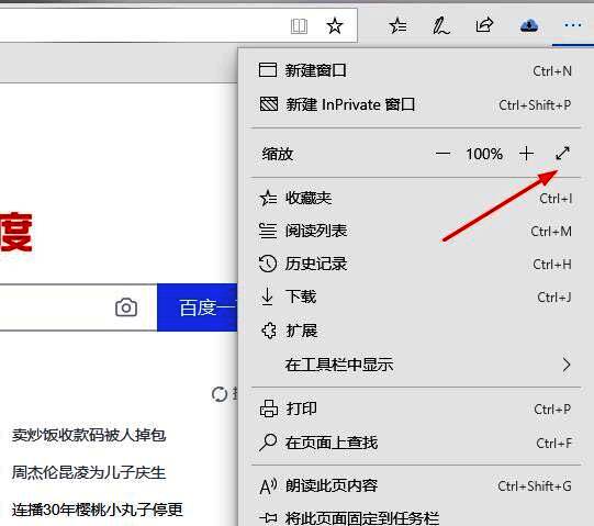 Edge浏览器设置菜单中缩放功能区域的截图，显示可调节的缩放比例按钮