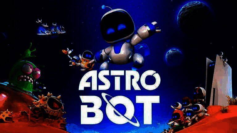 《宇宙机器人》游戏封面及实机画面拼图，主角机器人在多彩关卡中跳跃穿梭