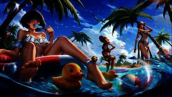 三款泳装大营皮肤预览图，风格各异，分别呈现海滨度假、夏日派对与潮流冲浪主题