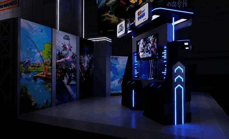 《高达钢铁之诗》ChinaJoy展台概念图，背景为Z高达（觉醒）立绘，展台灯光炫酷