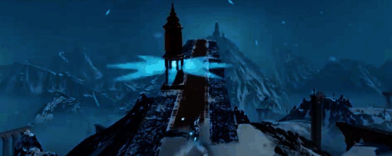 《海之剑》游戏中角色飞跃雪山斜坡的场景，背景可见灯塔与飘雪，角色正从高处跃下