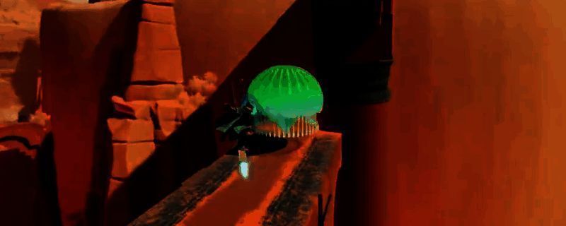 游戏中灯群被激活后密门开启的场景，光线交错，水下环境幽蓝神秘