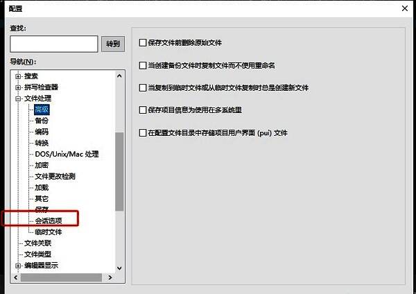 会话选项在配置窗口中被选中，界面清晰展示相关设置条目