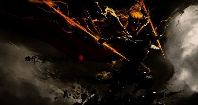 万钧角色背景插画，身穿镖师长袍，背负雷光长枪，眼神锐利地望向远方