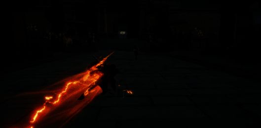 万钧在战斗中使用万雷枪突袭敌人，电光四射，敌人被击退倒地