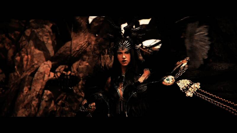 女巫玛丽站在昏暗祭坛中央，周身环绕紫色魔法能量，眼神冷峻