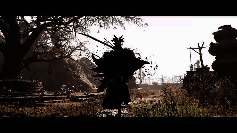 克里夫率领灰鬃团成员在荒原上行进，背景是燃烧的天空与远方巨兽