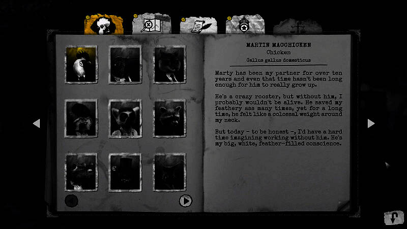 游戏菜单界面展示，选项包括‘案件日志’‘地图’‘角色档案’等，整体设计复古且功能清晰