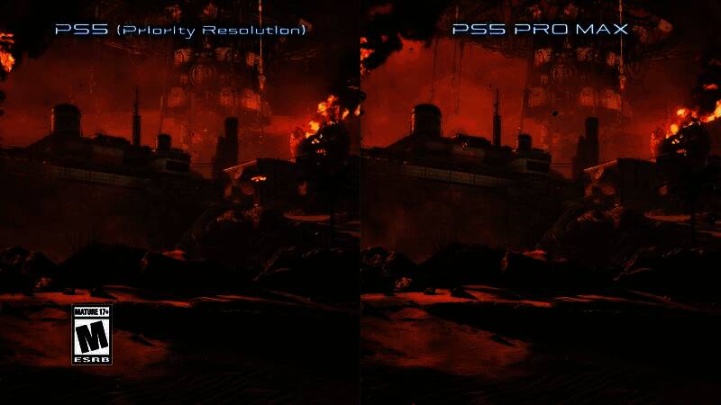 《星刃》PS5 Pro画质模式对比图，展示Pro模式与MAX Pro模式在画面清晰度与帧率上的差异