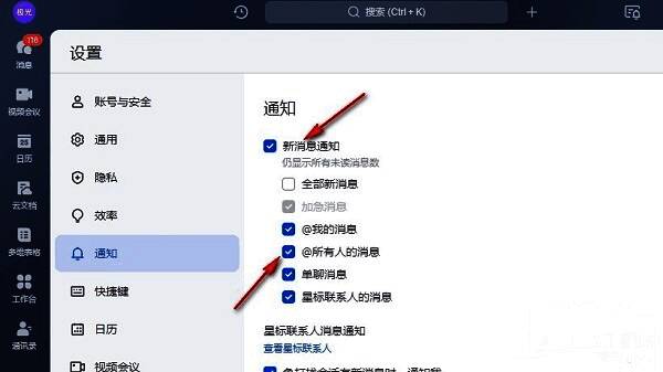 飞书通知设置中‘新消息通知’已被勾选，下方列出多种可自定义的消息类型