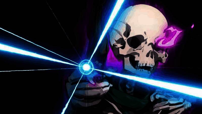 主角骸骨在幽暗洞穴中持剑对峙一群发光眼球怪物，周围布满骸骨与藤蔓，气氛紧张