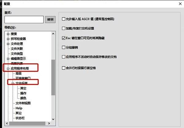 配置窗口左侧栏，‘应用程序布局’已展开，‘文件标签’选项被选中并高亮显示