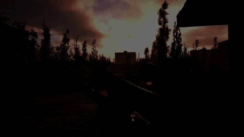 日落时分的森林场景，角色背着背包行走于辐射雾中，远处有不明生物影子闪过