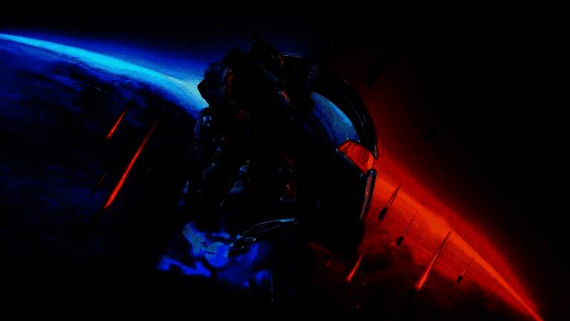 《质量效应》电视剧概念艺术图，展现宇宙飞船内部场景与角色对峙画面，充满未来科技感