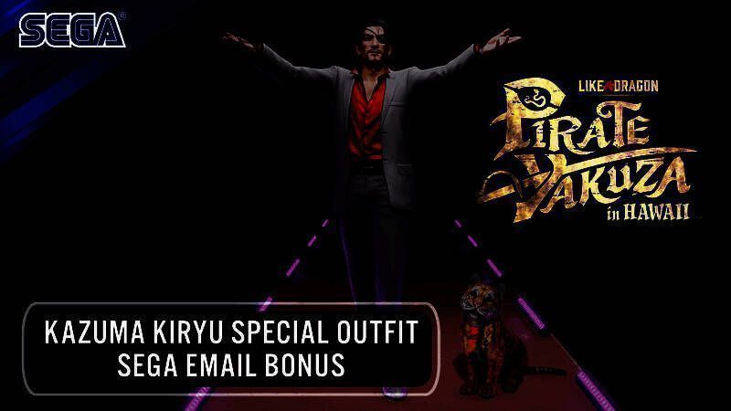 《如龙8外传：夏威夷海盗》宣传图，真岛吾朗站在阳光明媚的夏威夷海滩上，背景有热带植被与海盗元素，画面充满冒险氛围