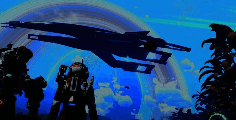 《无人深空》与《质量效应》联动宣传图，SSV诺曼底号SR-1飞船在异星轨道上缓缓驶过的震撼画面