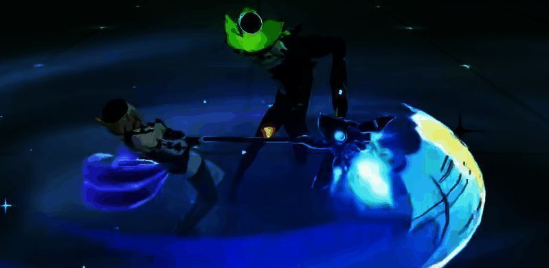 伊德海莉与敌人攻击碰撞瞬间触发红色冲击波特效，敌人身体倾斜进入失衡状态