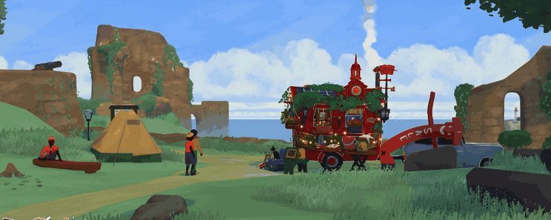 《小小书店》游戏画面截图，展示超市外景与角色克劳斯摆摊场景，背景为书山镇街道