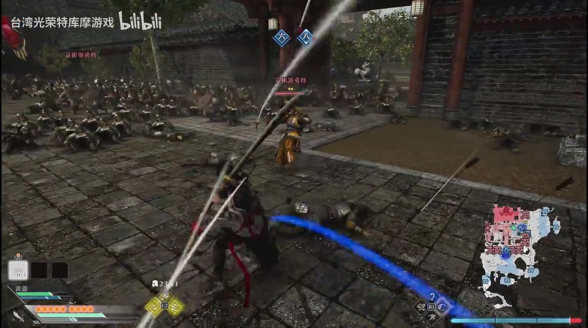 主角骑马高速冲刺，身后留下残影，前方敌兵被一击震飞