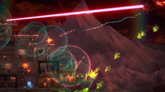 夜间战斗场景，敌对生物从黑暗中涌来，炮塔在树冠间闪烁火光，呈现塔防激烈对抗