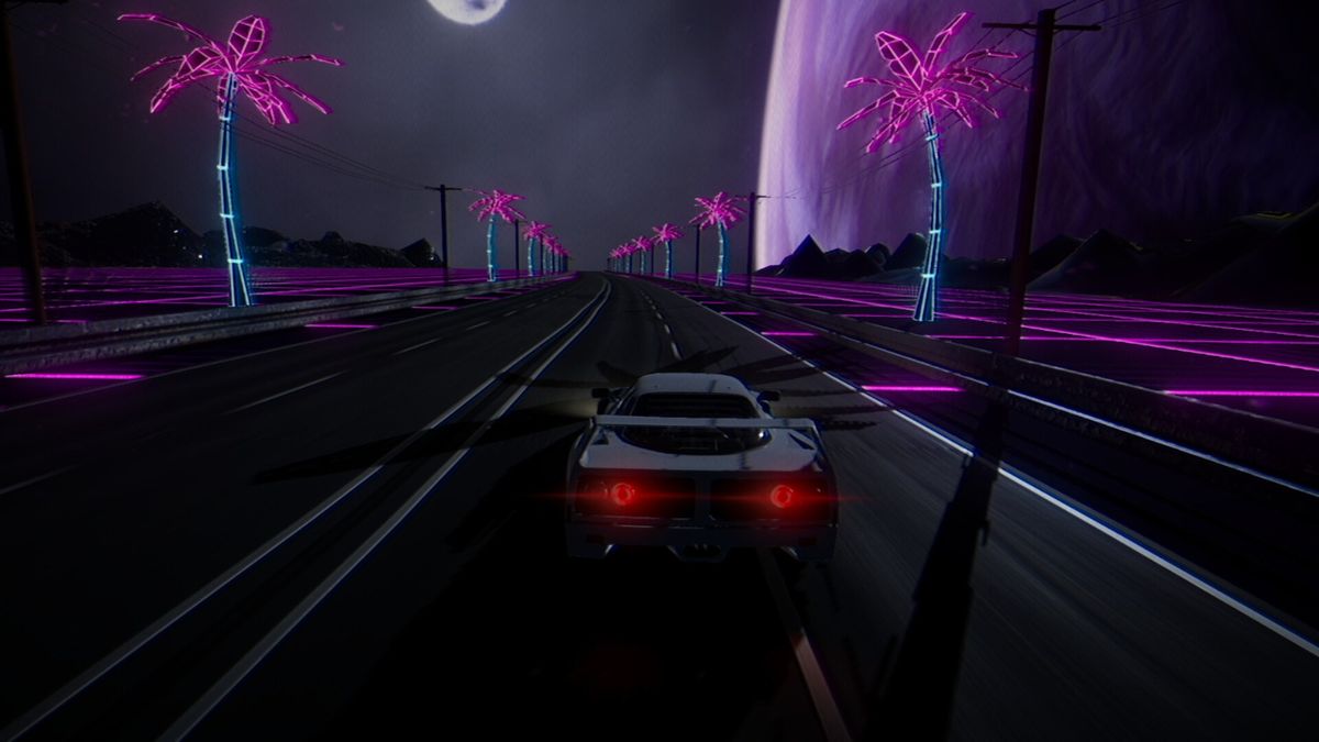 游戏内竞速画面，车辆在霓虹隧道中高速穿行，两侧光影拉成流线，速度感十足