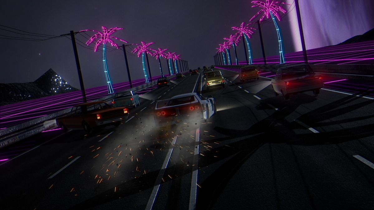 多辆风格各异的超级跑车停放在虚拟车库中，背景为浮动的几何霓虹结构