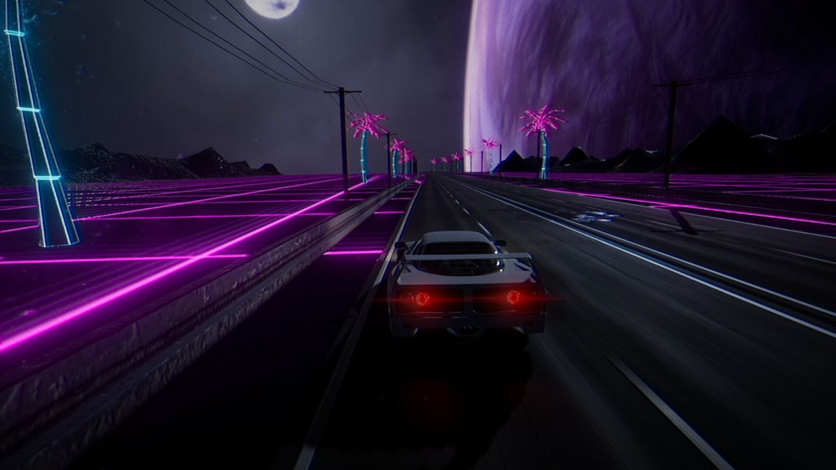 游戏主菜单界面，背景为动态旋转的霓虹太阳与棕榈树剪影，整体风格极具80年代复古未来感