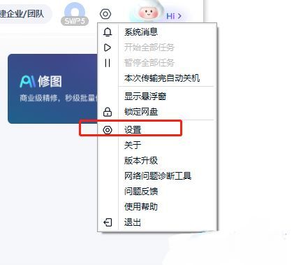 百度网盘下拉菜单中设置选项被选中，显示多个功能分类