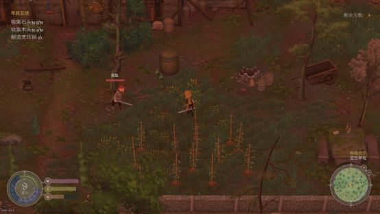 夜晚森林场景，角色手持火把前行，周围树影婆娑，远处隐约可见发光的眼睛，气氛紧张诡异