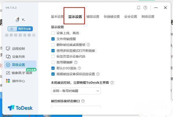 ToDesk高级设置窗口，顶部标签栏选中‘显示设置’选项卡