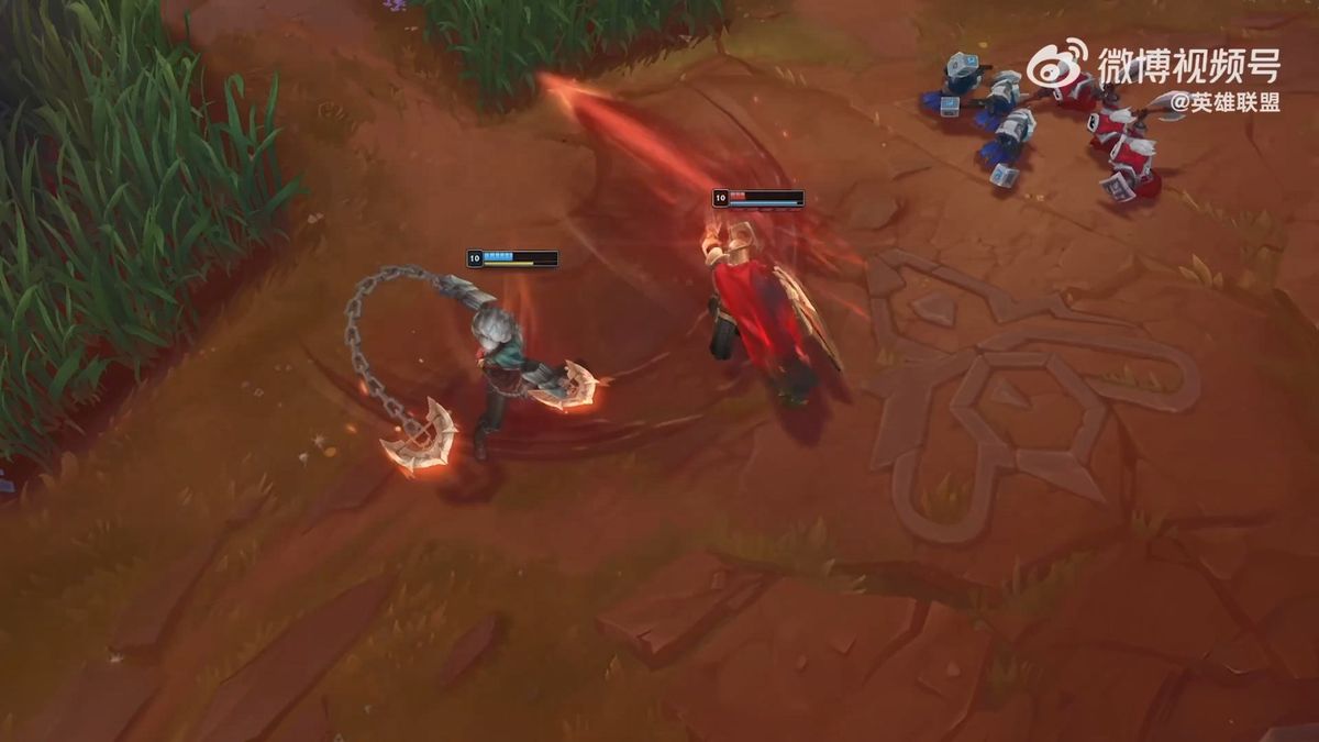 安蓓萨手持巨刃，目光冷峻地凝视前方，周围战火四起