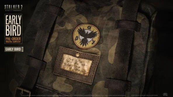 背包特写图，印有‘Early Bird’徽章，设计硬朗且具战术风格