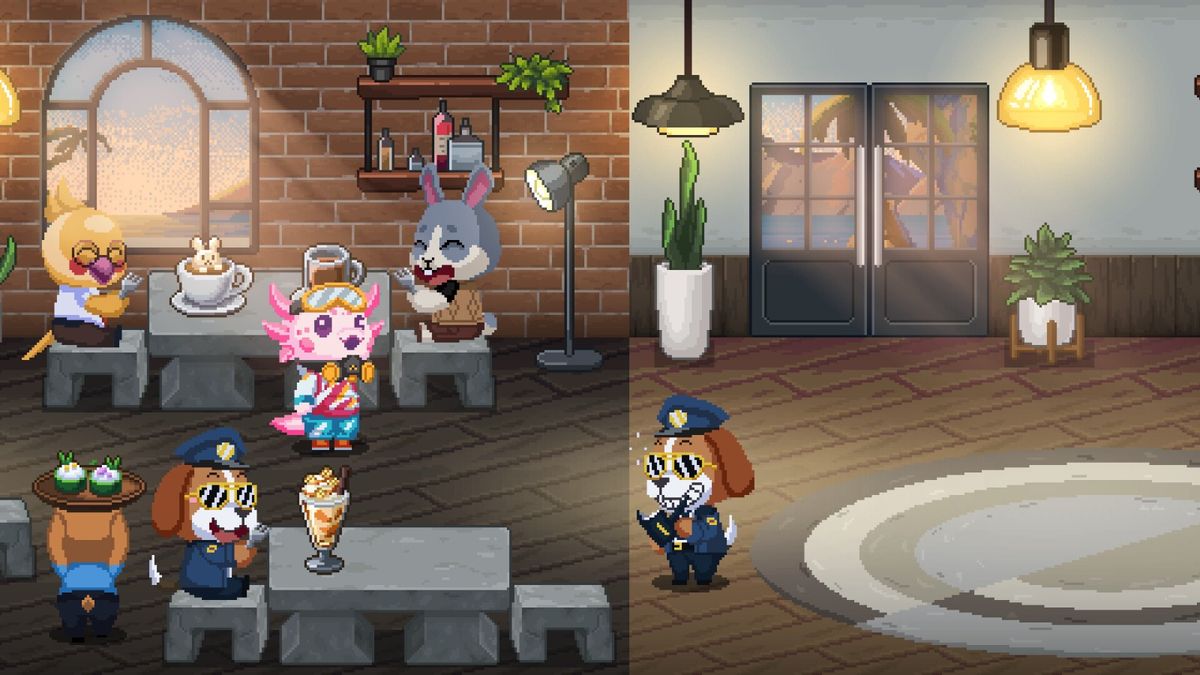 游戏中咖啡馆内部视角，顾客坐在木桌旁喝咖啡，阳光透过窗户洒入，氛围宁静