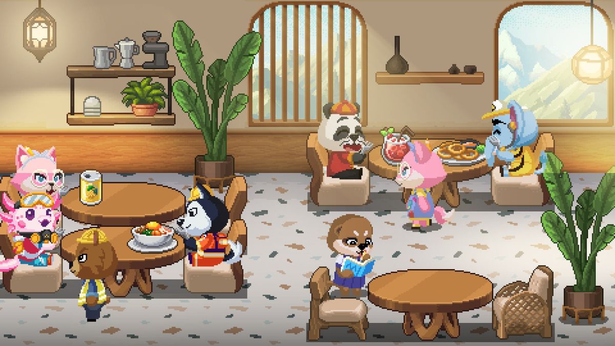 夜晚模式下的咖啡馆，暖黄色灯光点亮，窗外星空闪烁，极具浪漫氛围