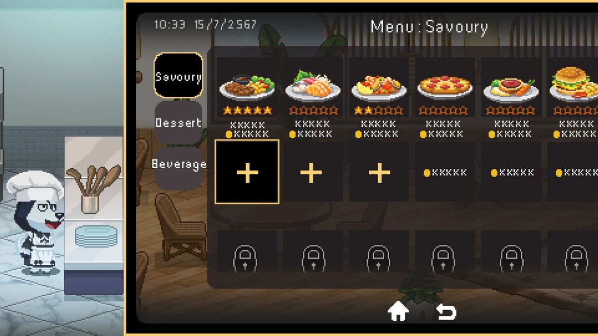 游戏主菜单界面，背景为咖啡馆全景，UI设计简洁柔和，配色温暖