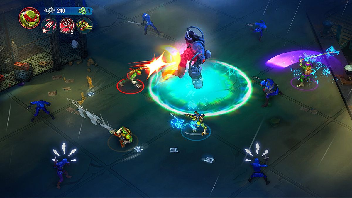 Boss战场景，巨大机械敌人释放激光攻击，忍者龟闪避反击