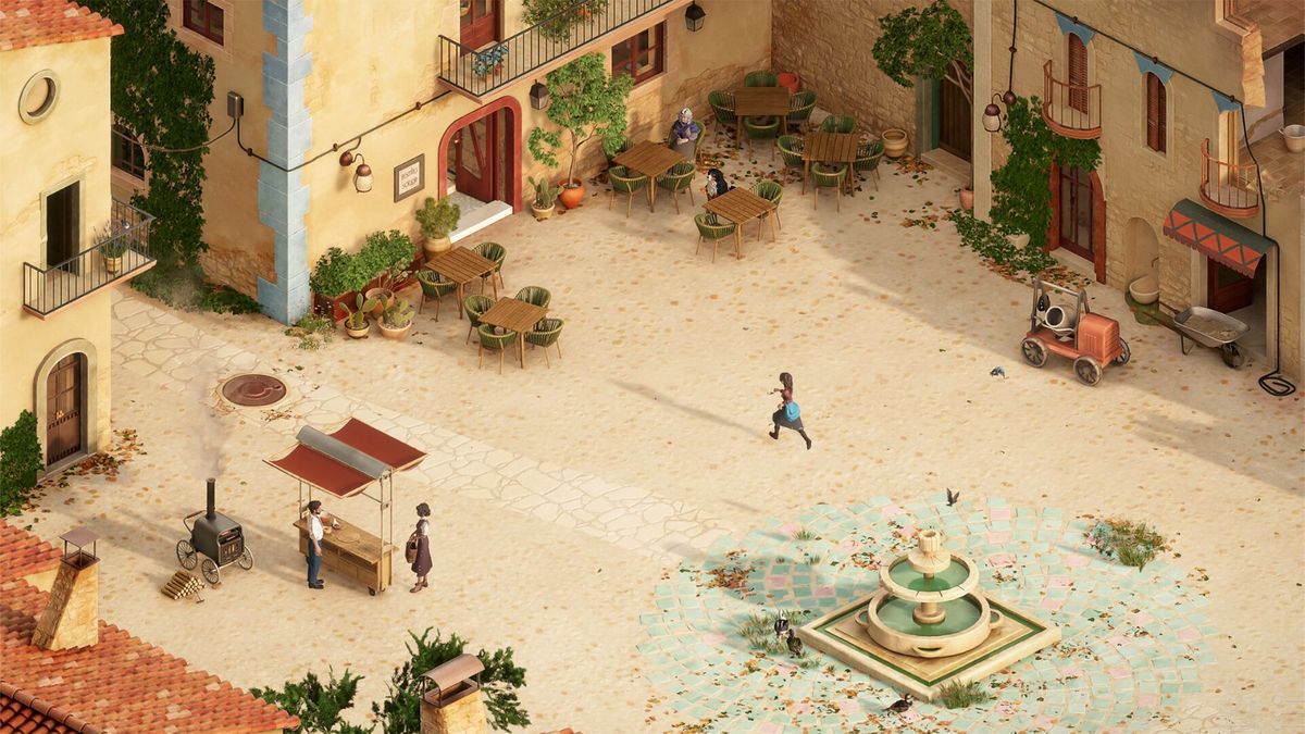 伊莎贝尔在夜晚的街道上行走，远处有燃烧的车辆，光影对比强烈，凸显动荡世界的紧张感