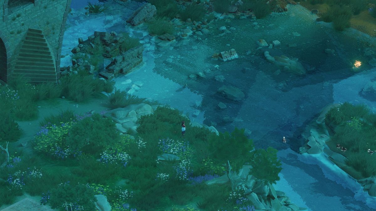 角色与一名戴面具的陌生人对话，背景是低矮的木屋与铁丝网，气氛压抑且充满悬念