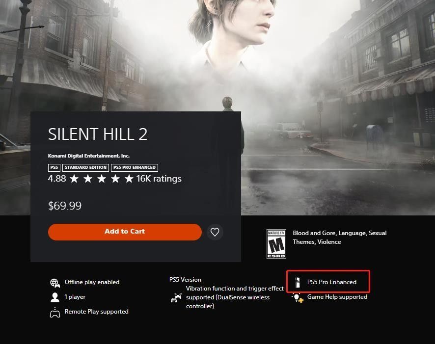 《寂静岭2：重制版》PS商店页面显示已标记为PS5 Pro Enhanced，界面清晰可见增强标识