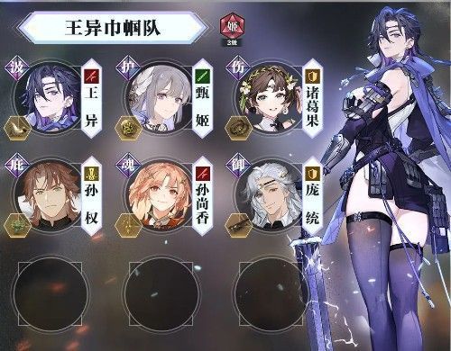 王异巾帼队阵容布局，黄忠站在后排右侧拉弓射击，王异与吕玲绮守护侧翼