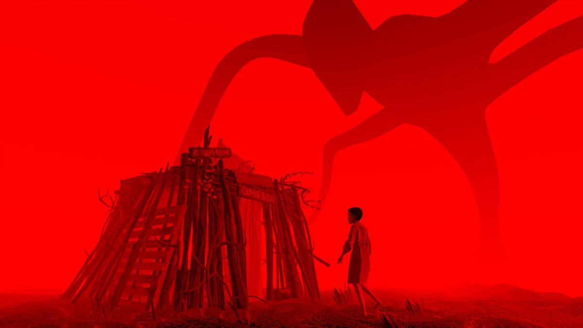 Vecna在颠倒世界中张开双臂，身后是巨大的根系结构与漂浮的残骸，天空电闪雷鸣