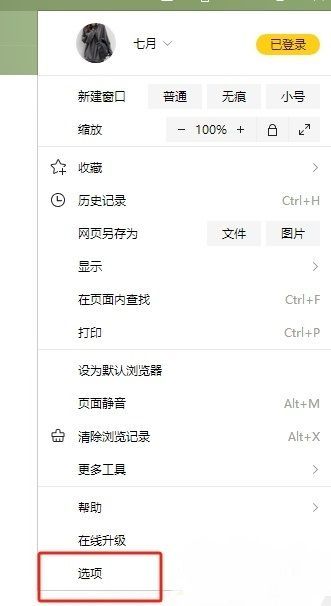 搜狗浏览器下拉菜单中‘选项’功能被选中的界面展示