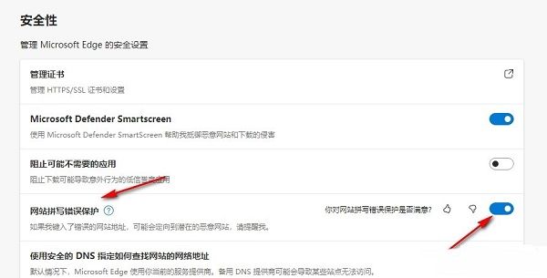 拼写错误保护功能已成功开启，开关显示为蓝色开启状态