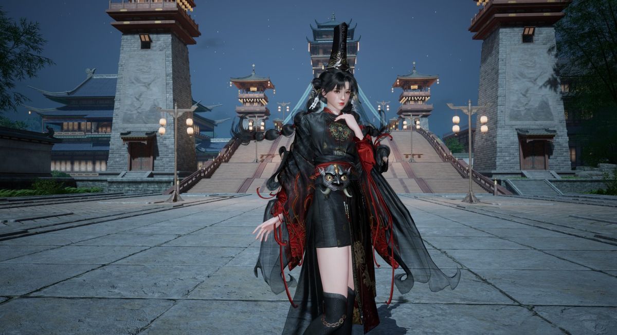 《射雕》游戏内黑白无常并肩而立的场景，背景为中元节风格的夜市与河灯，氛围幽深