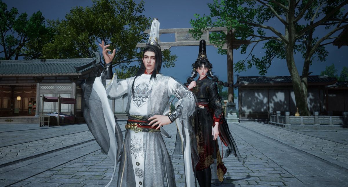 《射雕》中元节活动场景概念图，河灯漂浮水面，NPC身着传统服饰，充满节日氛围