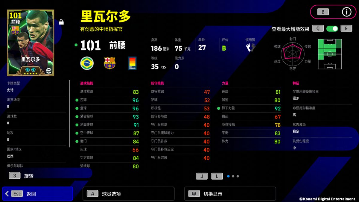 里瓦尔多增能属性界面，显示射门与双传能力全面提升