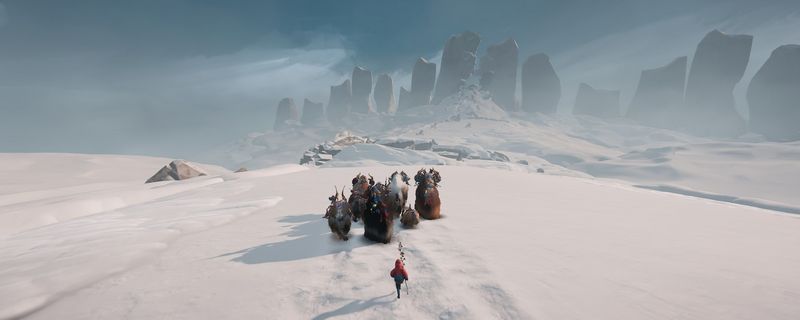 《牧群之旅》第一章废弃都市场景，灰暗的城市废墟中主角独自前行，周围是倒塌的建筑与蔓延的藤蔓，氛围压抑而神秘