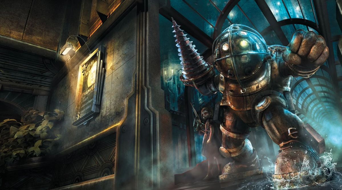 《生化奇兵》概念艺术图，展示水下城市‘销魂城’的阴暗氛围，灯光幽蓝，建筑破败，充满复古未来主义风格