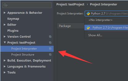 PyCharm设置界面左侧，Project Interpreter选项被高亮显示