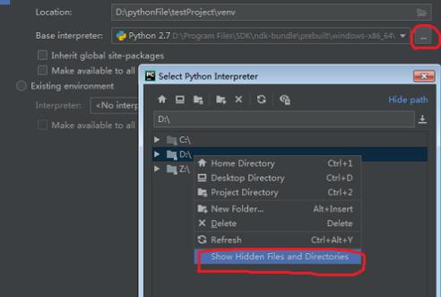 文件选择窗口中，Show hidden files复选框被勾选，便于查找隐藏路径下的解释器